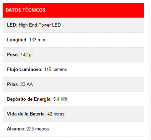 Especificaciones técnicas Led Lenser L7