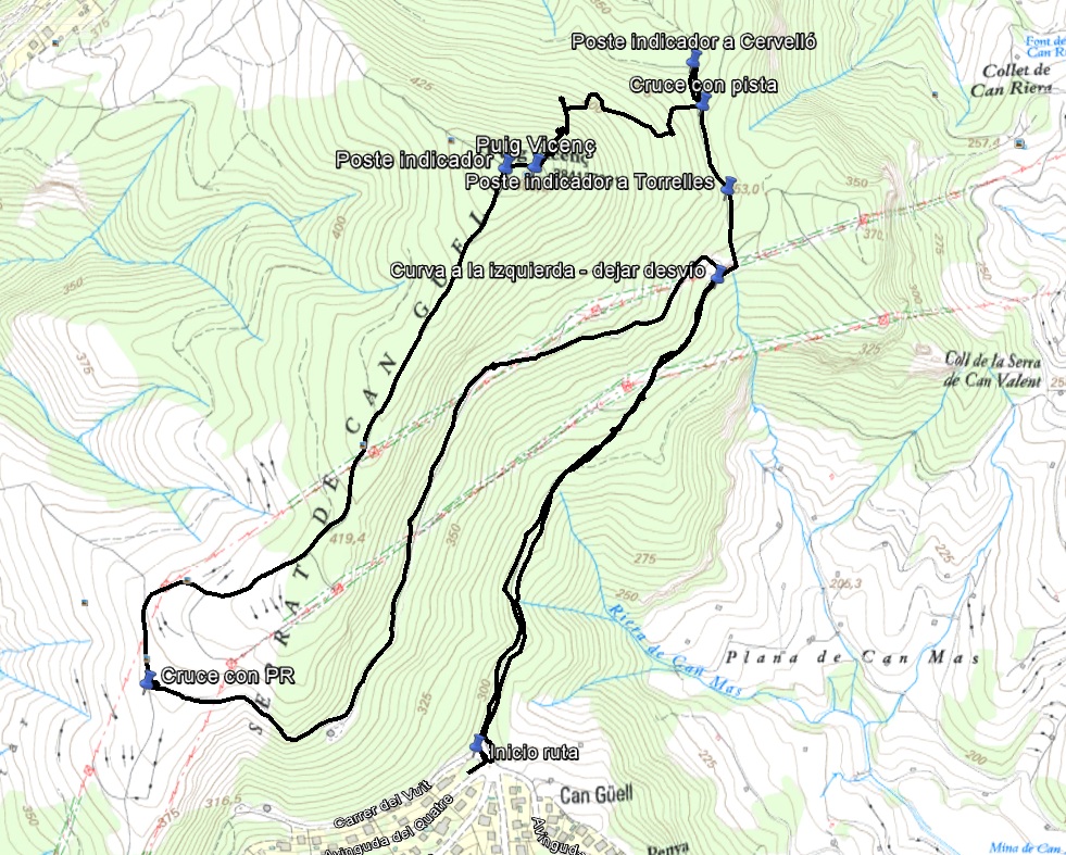 Croquis de la ruta al Puig Vicenç con waypoints