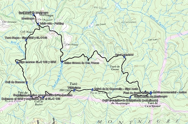 Croquis de la ruta al Turó Gros con waypoints