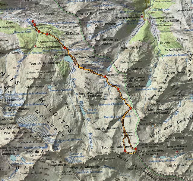 Croquis de la ruta al Tuc de Mulleres por Aigualluts