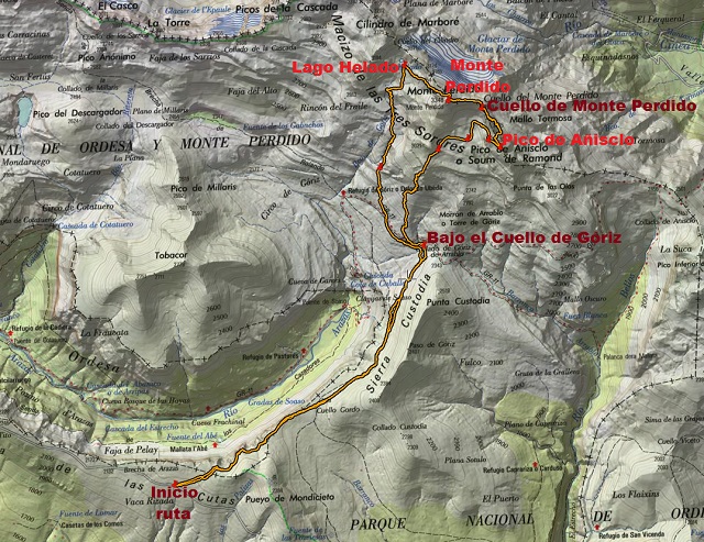 Croquis de la ruta al Añisclo por su canal NO y a Monte Perdido