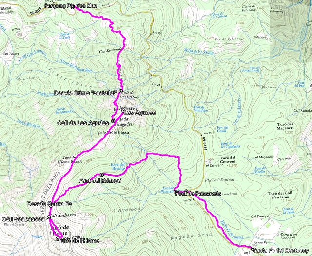 Croquis de la ruta a Les Agudes por Castellets