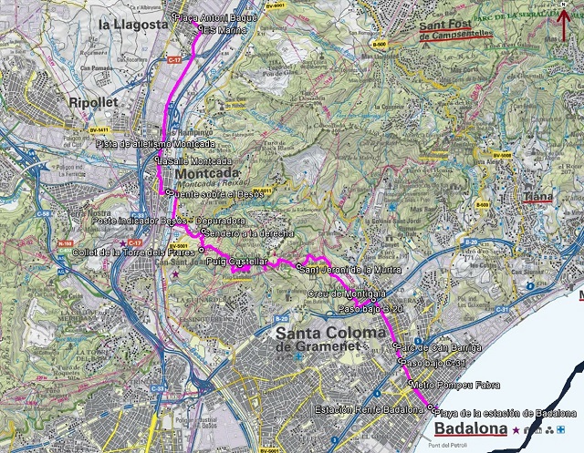 Croquis de la ruta de La Llagosta a Badalona por el Puig Castellar