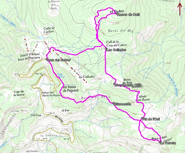 Croquis de la ruta circular a Rasos de Peguera con raquetas