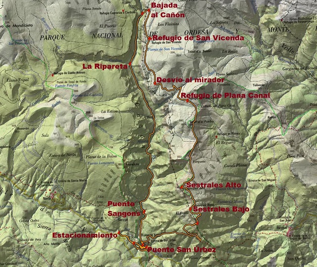 Croquis de la ruta circular a los Sestrales y al Cañón de Añisclo